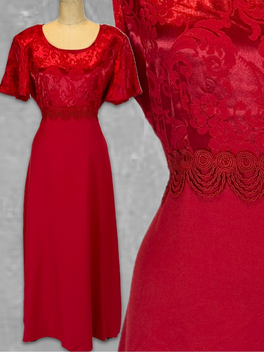 VINTAGE 80s 90s red satin damask floral dress semi- formal party long maxi